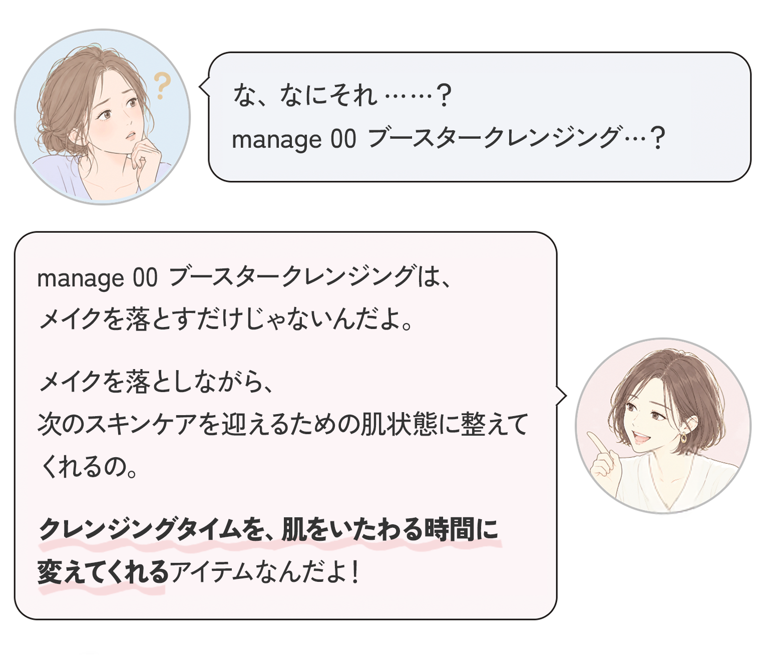 な、なにそれ……？ manage 00 ブースタークレンジング…？ manage 00 ブースタークレンジングは、メイクを落とすだけじゃないんだよ。メイクを落としながら、次のスキンケアを迎えるための肌状態に整えてくれるの。メイク落としや洗顔時間を、肌をいたわる時間に変えてくれるアイテムなんだよ！